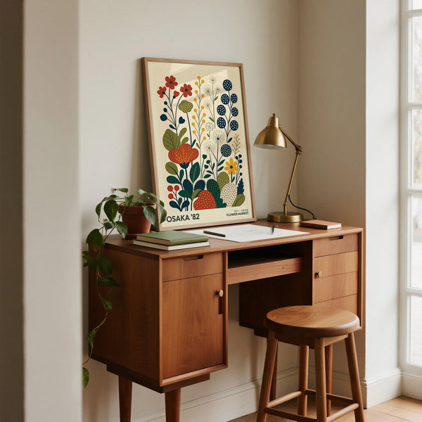 Nature artwork illustration featuring flat floral designs and abstract greenery.