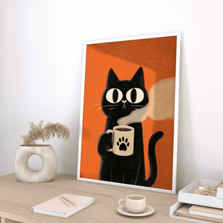 Cat Coffee Mug Print with Orange wall, Black cat art print for hallway