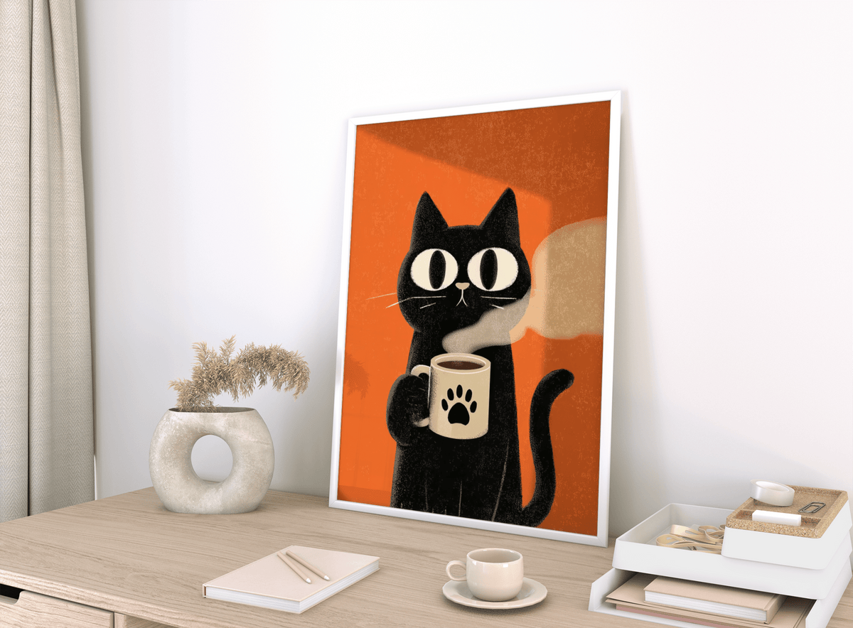 Cat Coffee Mug Print with Orange wall, Black cat art print for hallway