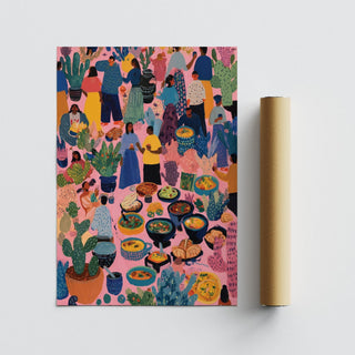 Traditional market filled with fruits, tortillas, and stews in artwork from Mexico.