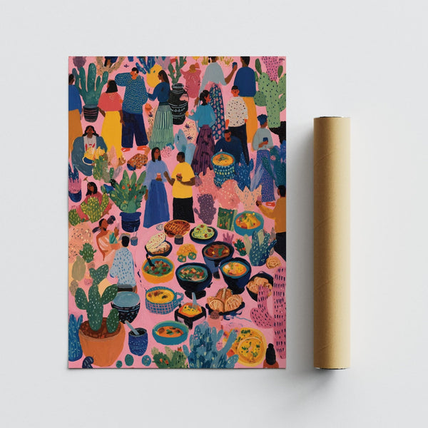 Traditional market filled with fruits, tortillas, and stews in artwork from Mexico.