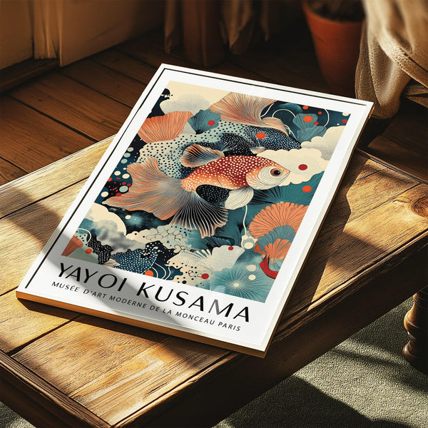 Artistic fish wall art decor in teal, burnt orange, and cream tones