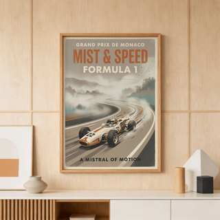 Top section racing poster print with "Grand Prix de Monaco" and "Mist & Speed" typography in a vintage layout