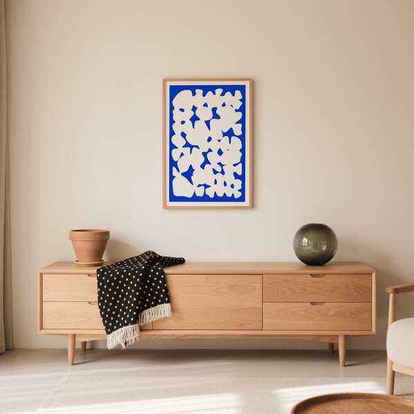 Blue and White Modern Art framed print, blue and white color palette for lofts