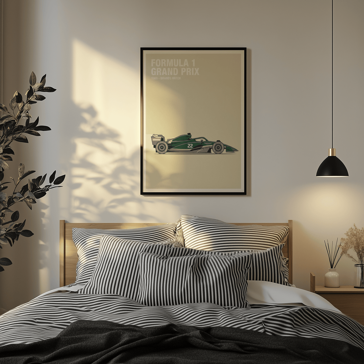 Vintage Racing Art wall art print with minimalist layout, side-on single-seater, and large header text
