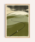Foreground view golf ball on fairway wall art poster with winding line