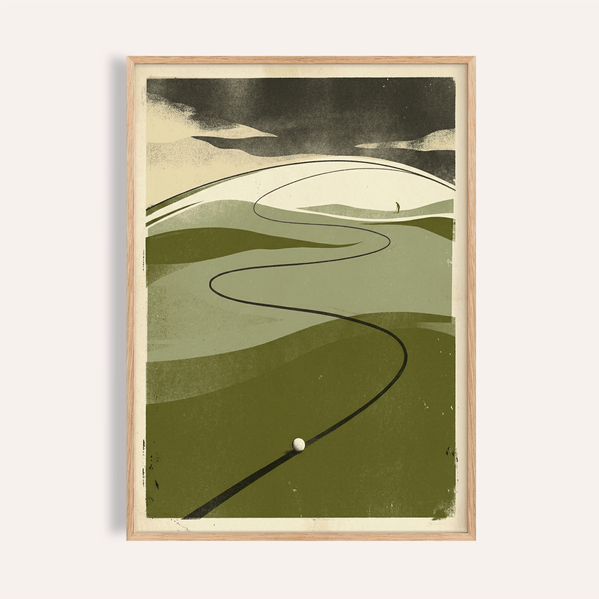 Foreground view golf ball on fairway wall art poster with winding line