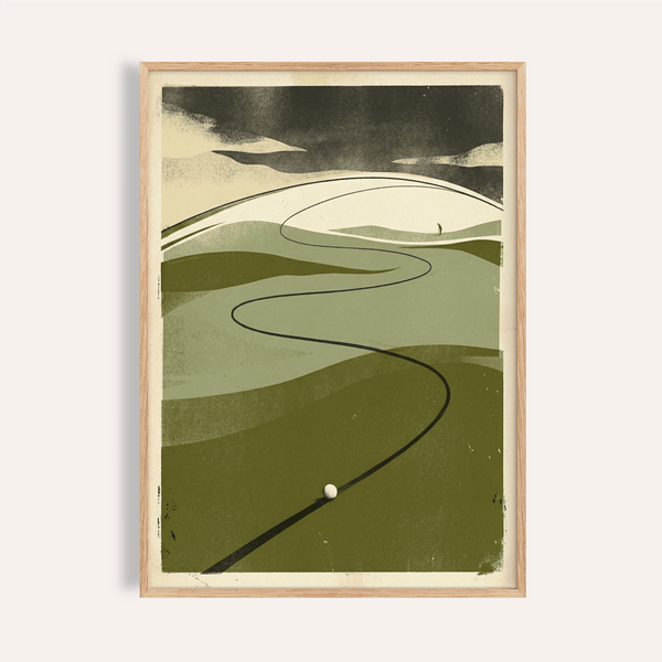 Foreground view golf ball on fairway wall art poster with winding line