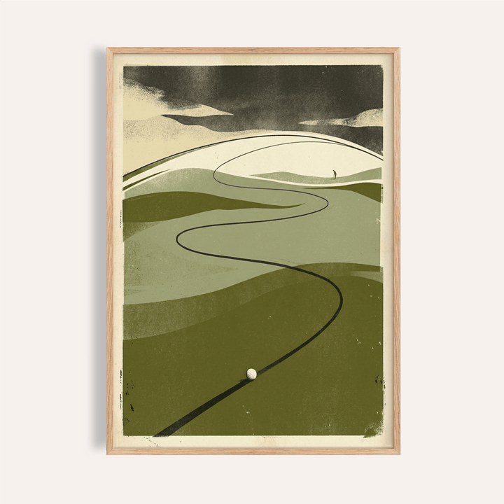 Foreground view golf ball on fairway wall art poster with winding line