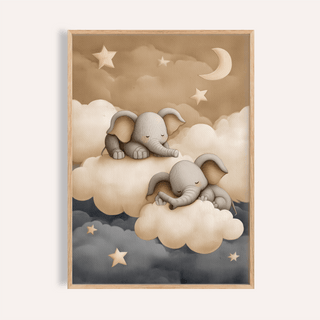 Framed print close-up of baby elephants nursery art with sleeping elephants on clouds in soft watercolour tones