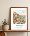 Illustrated Jaipur poster with domed architecture, arched windows, and Rajasthan India label