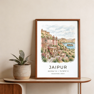 Illustrated Jaipur poster with domed architecture, arched windows, and Rajasthan India label