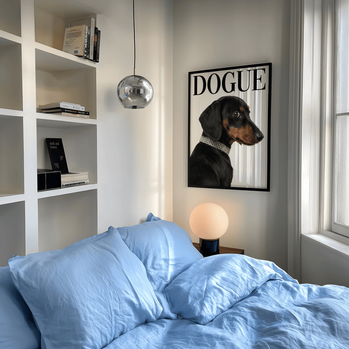 Dachshund Art Print monochrome artwork, White and Black, for reading nook