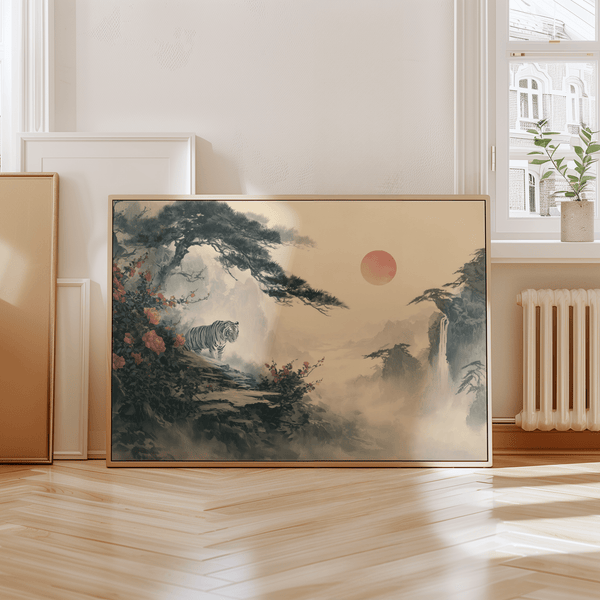 Asian Landscape Print showing tiger and Green foliage for office art print