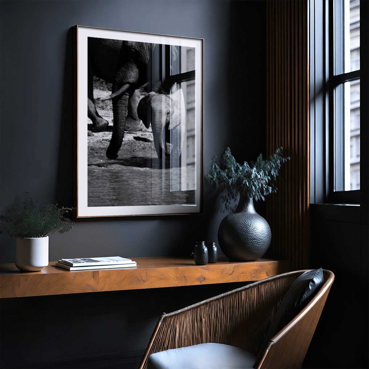 High-contrast wildlife poster print with layered elephant bodies