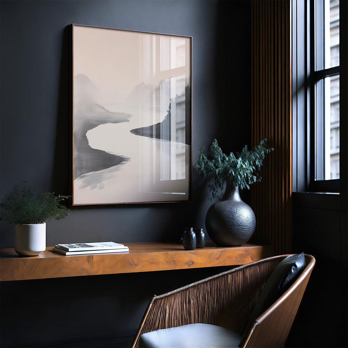 Zen-inspired Japanese ink wash painting of mountain river view.