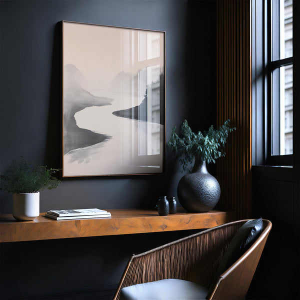 Zen-inspired Japanese ink wash painting of mountain river view.