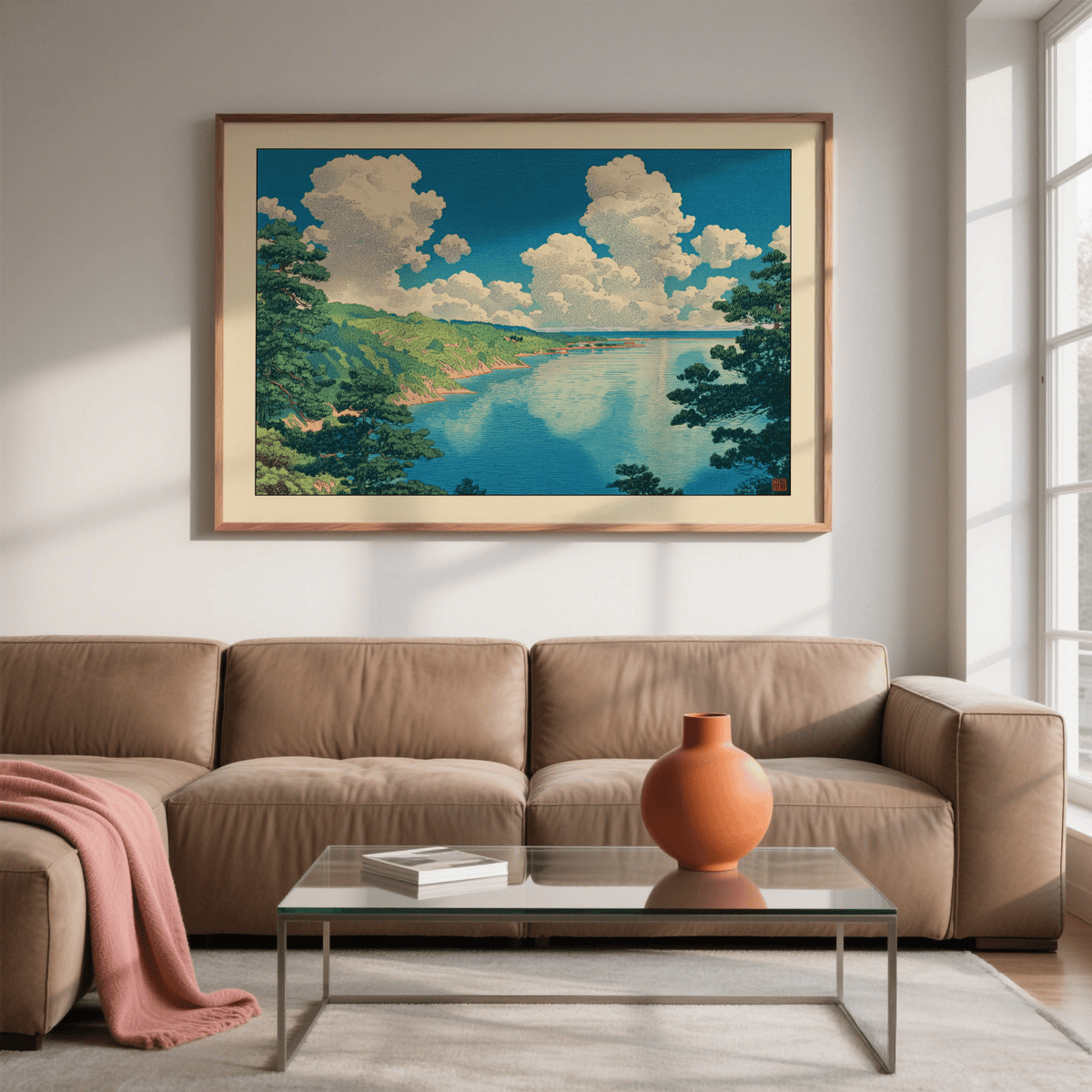 Vintage-style landscape poster of a seaside inlet with distant land and towering clouds