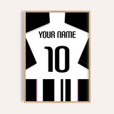 Custom Football Shirt – Black and White Stripes with Pink Accents — wooden-frame main image