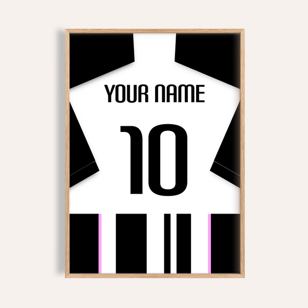 Juventus Football Shirt Poster hanging above workspace with bold 10 and custom name