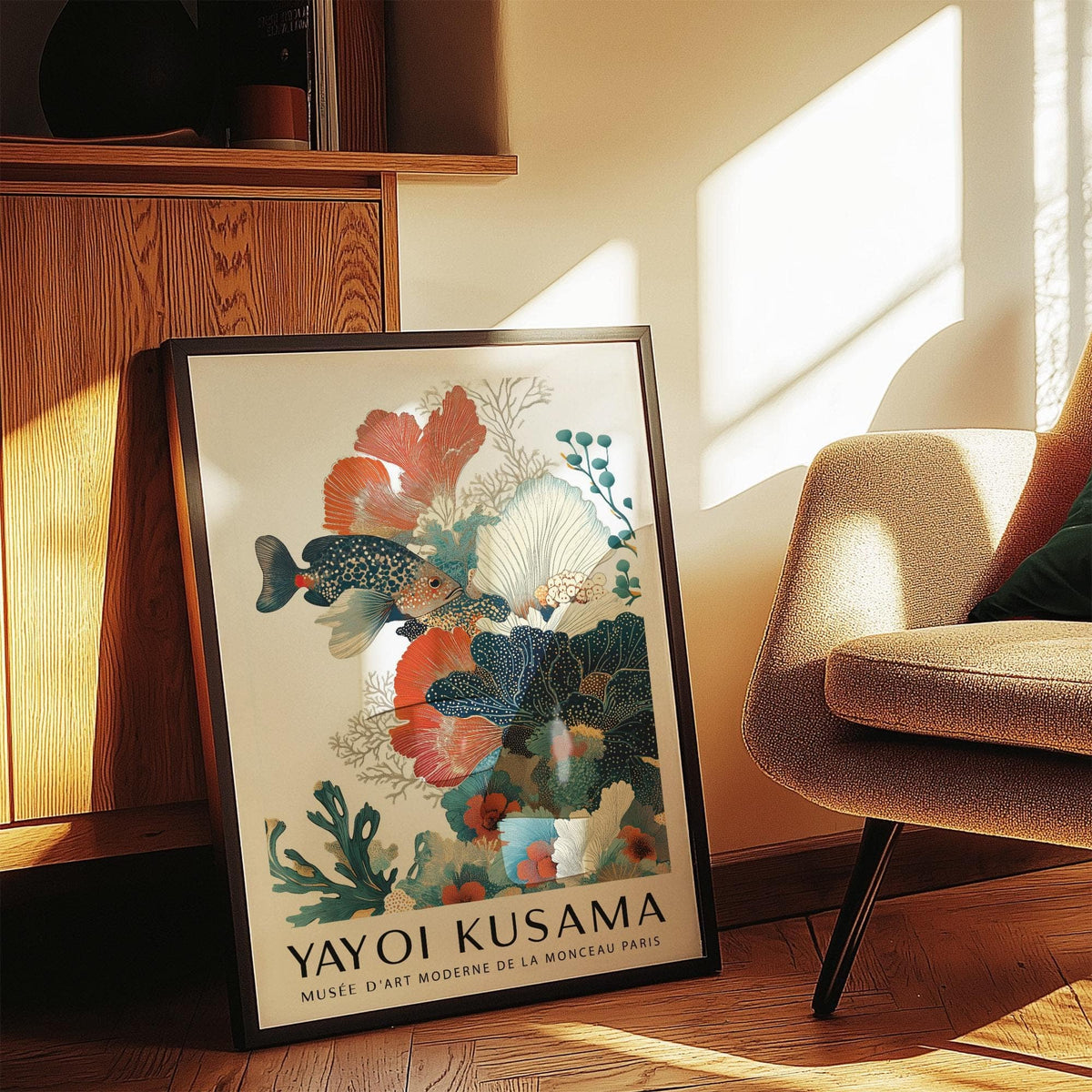 Marine-themed tropical fish poster with stylized fish and coral plants