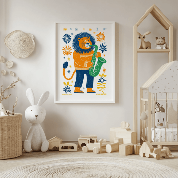 Saxophone Lion Art Print, multicolored, music-themed wall art, kids' room