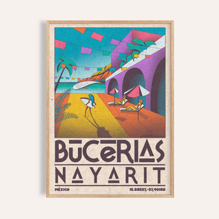 Mexico Coastal Wall Art illustration of Bucerias beach with palm trees, striped umbrellas, and grand arches