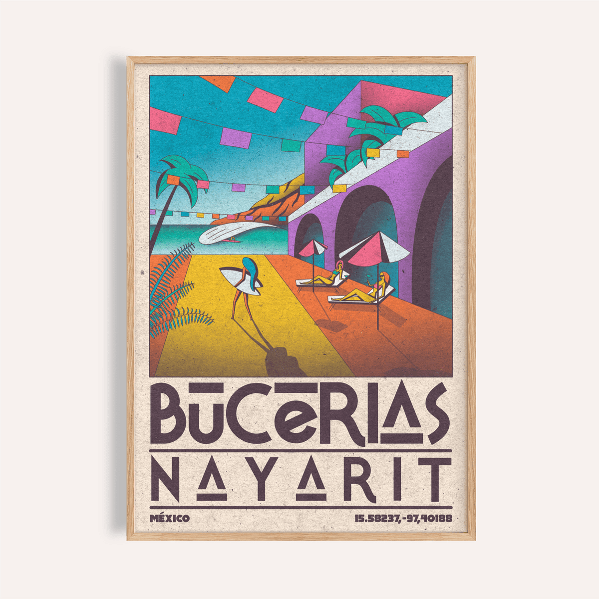 Mexico Coastal Wall Art illustration of Bucerias beach with palm trees, striped umbrellas, and grand arches