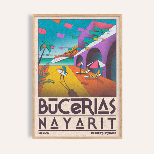 Mexico Coastal Wall Art illustration of Bucerias beach with palm trees, striped umbrellas, and grand arches