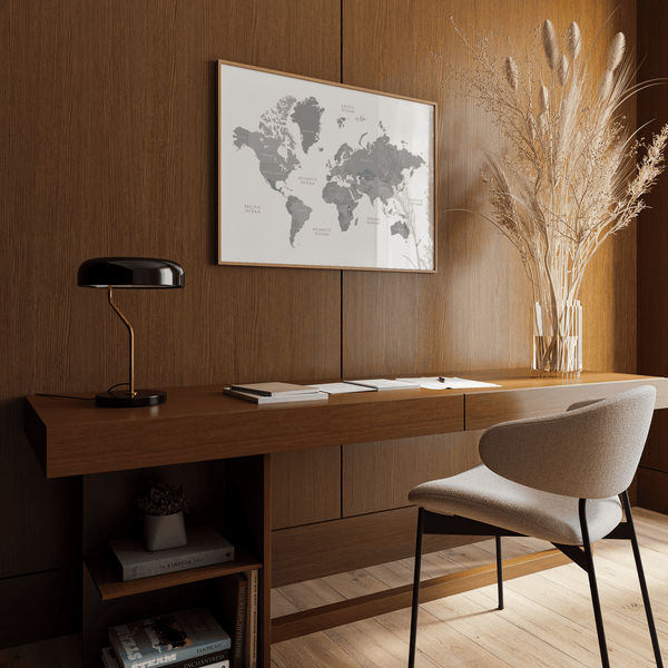 World Map Art art print for hallway in Gray and White