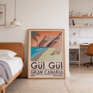 Vintage travel illustration of Gui Gui bay with sweeping sandy curve and rocks