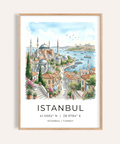 Watercolor Istanbul harbor poster with domes, minarets, boats, and title text