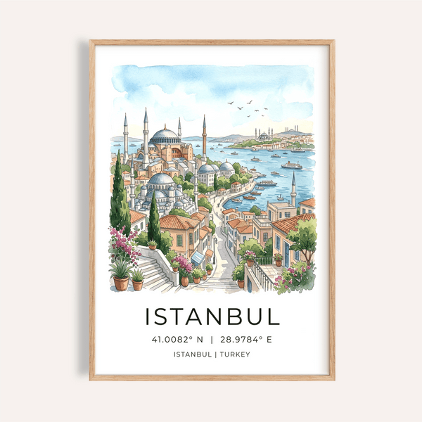Watercolor Istanbul harbor poster with domes, minarets, boats, and title text