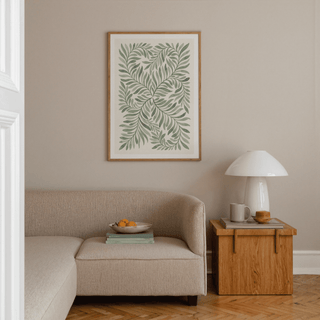 Green Leaf Art wall art in soft Green, Beige, and White for cozy family room