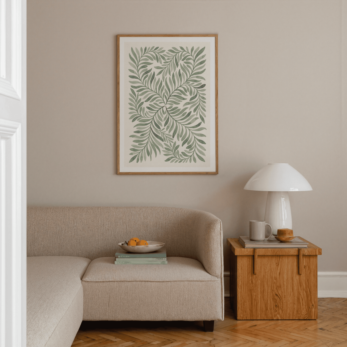 Green Leaf Art wall art in soft Green, Beige, and White for cozy family room