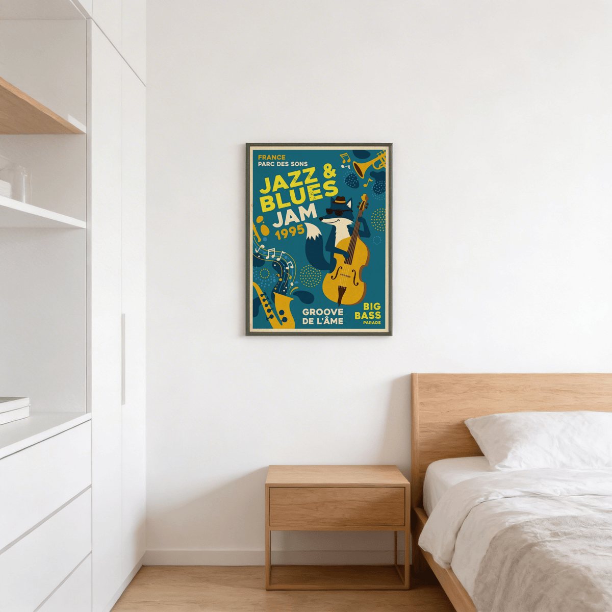 Green blue yellow palette poster highlighting upright bass silhouette