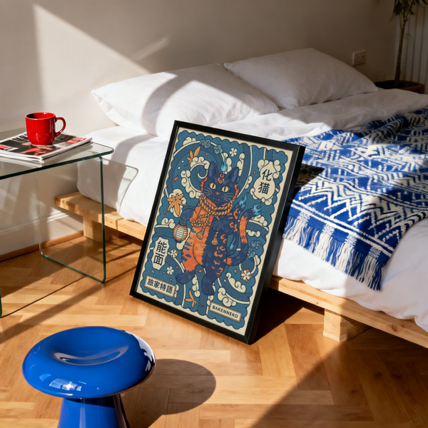 Bakeneko Wall Art poster showing mythical cat and boxed Japanese text