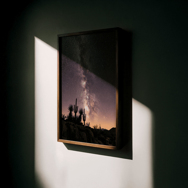 Cactus Night Print wall art silhouette with starry sky for hallway, Black, Pink, Purple, Yellow