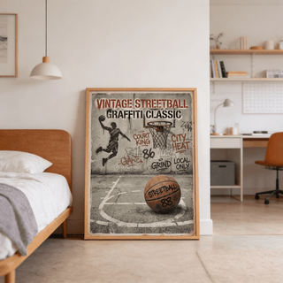 Detail of hoop and net rendered in graffiti style on athletic art poster