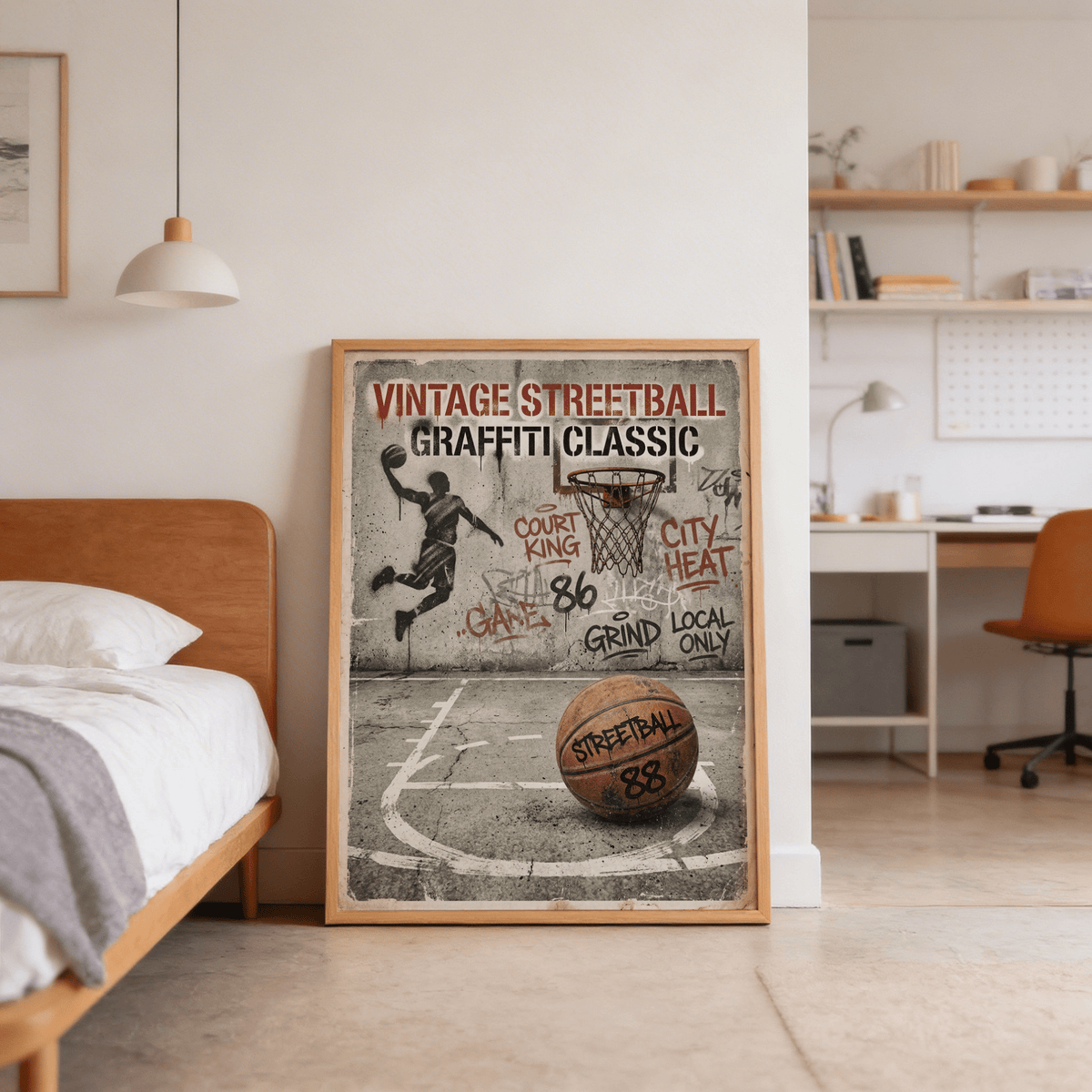 Detail of hoop and net rendered in graffiti style on athletic art poster