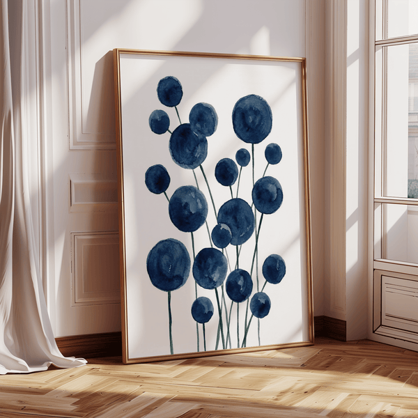 Abstract Watercolor Flower Print in blue and white for bedroom decor