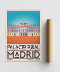 Orange and Blue Madrid palace wall art poster with symmetrical architecture, sky background, and bold headline text