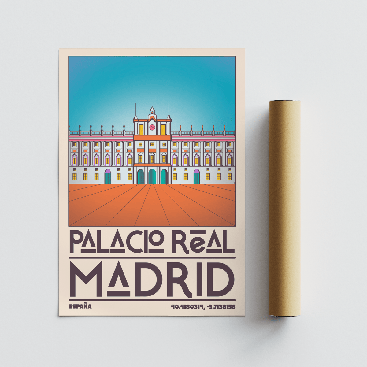 Orange and Blue Madrid palace wall art poster with symmetrical architecture, sky background, and bold headline text