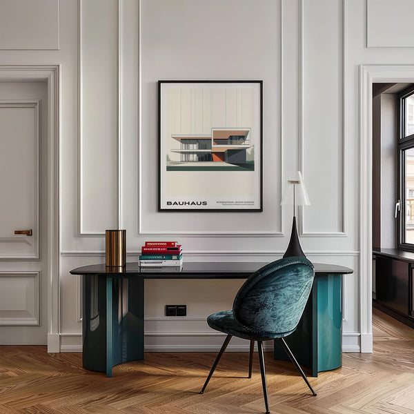 Clean lines and red detail in Bauhaus architecture poster print.