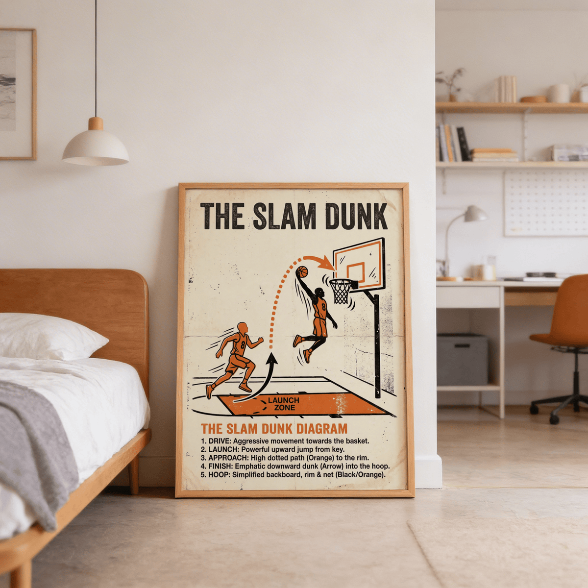 Front-facing Slam Dunk Diagram Art showing dunk silhouette, hoop, and diagram annotations poster