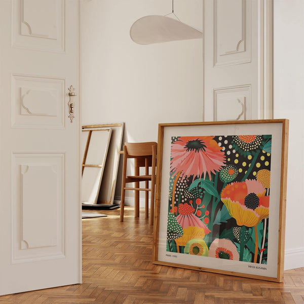 Abstract floral wall hanging featuring intricate Kusama-inspired patterns