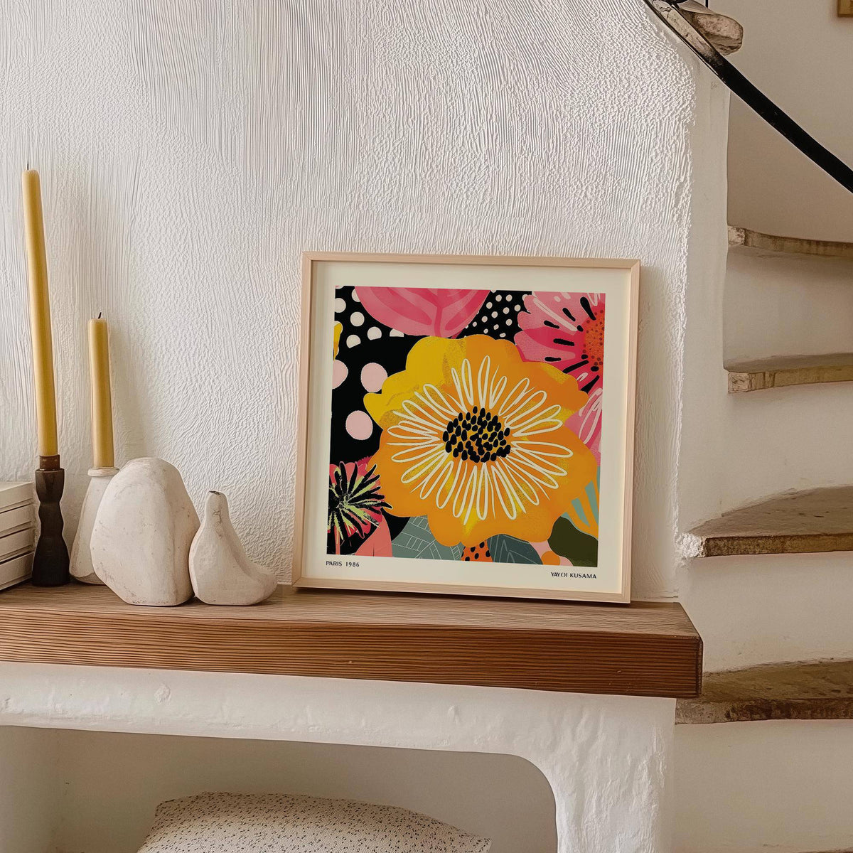 Square-format flower posters with abstract botanical accents