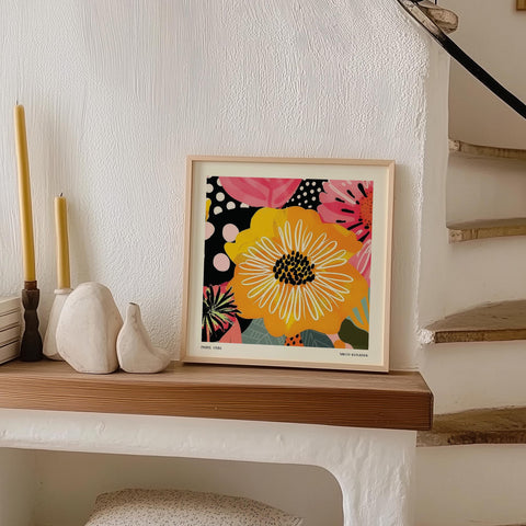 Colourful floral art print perfect for bright interiors.