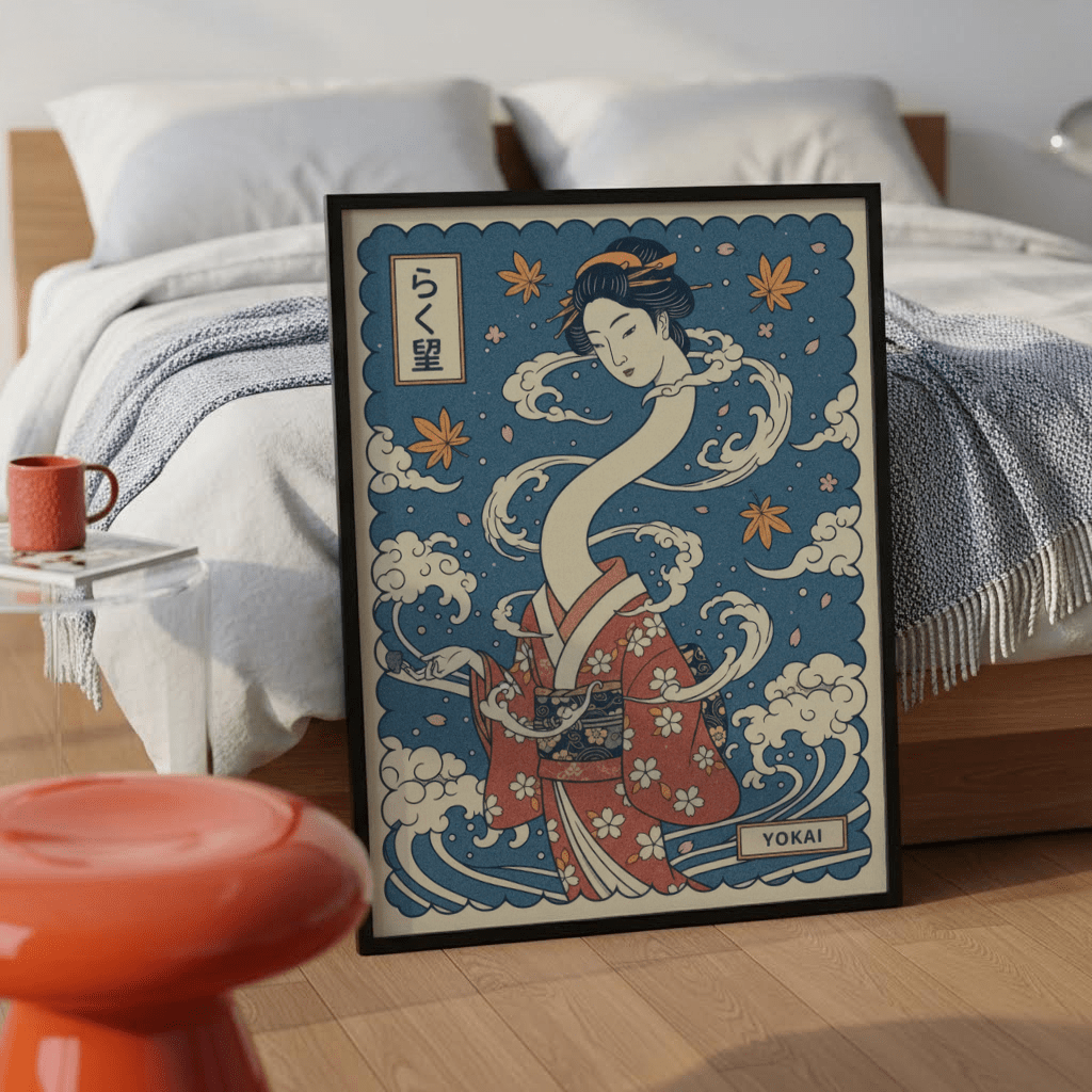 Illustrated wall art print of a yokai spirit woman in patterned kimono with maple leaves and cloud motifs