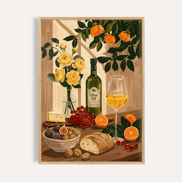 Still Life Kitchen Art with multicolored, yellow, orange, and green for kitchen wall art